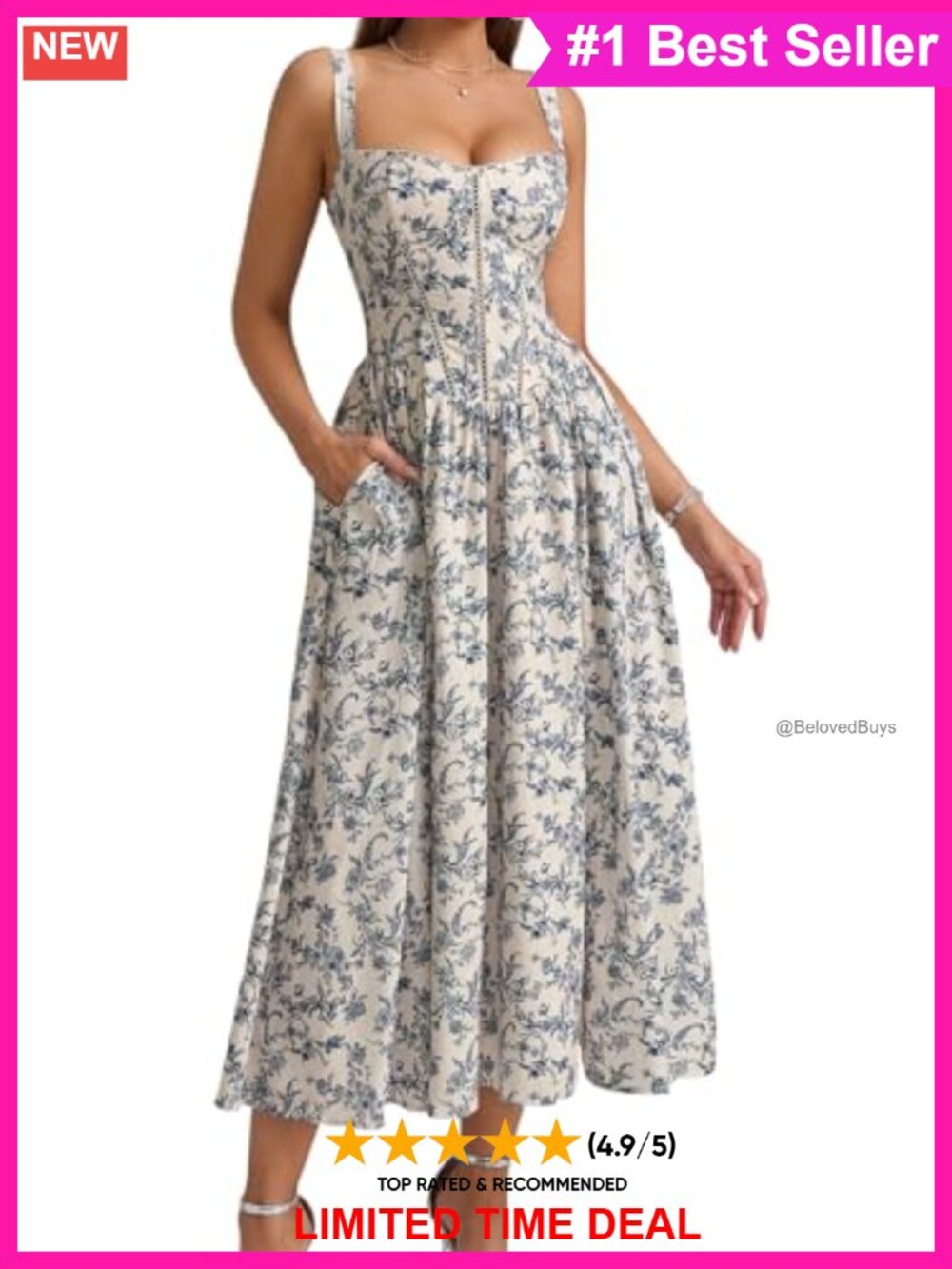 Floral Corset Midi Dress Square Neck Smocked Lace Sundress